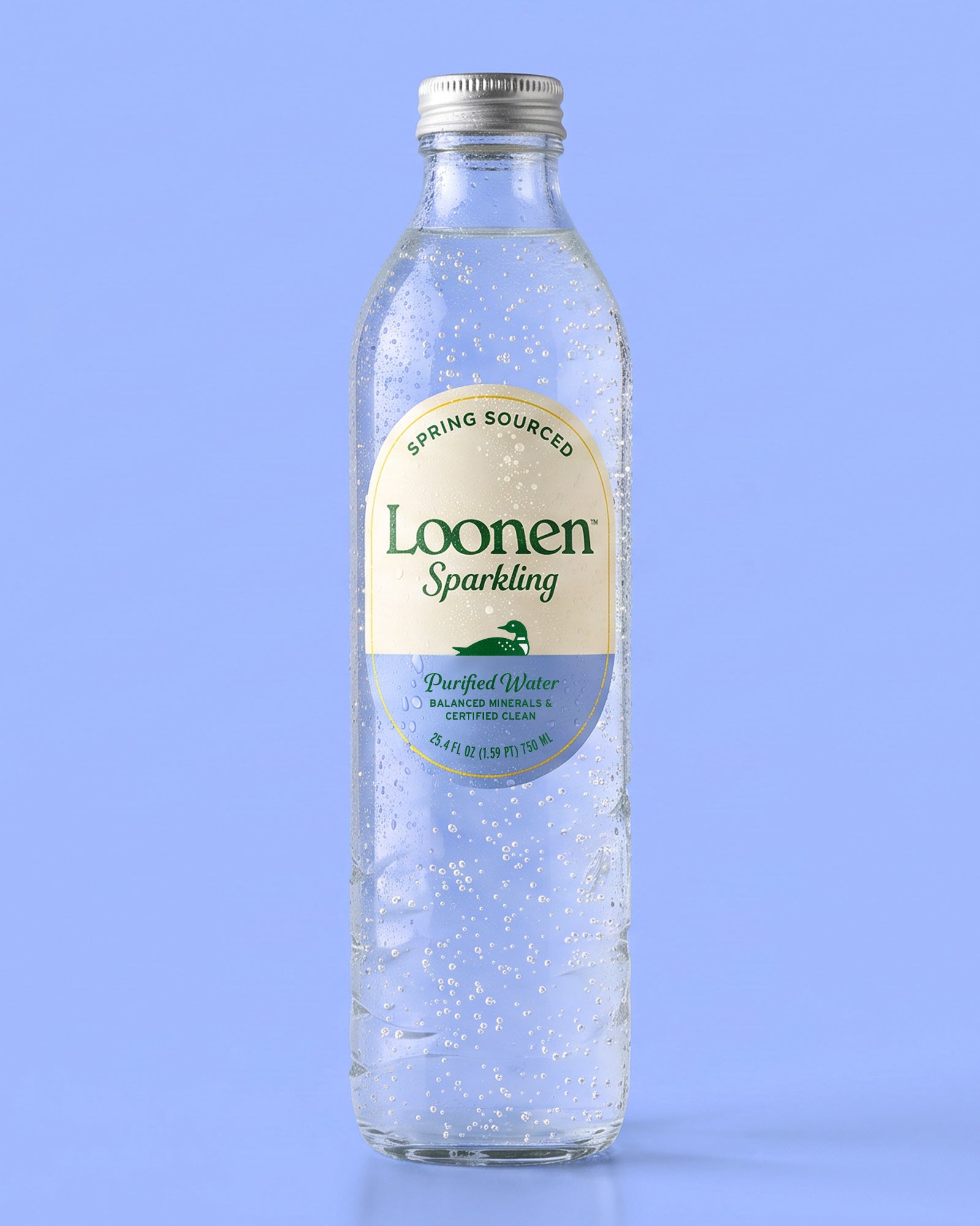 A clear glass bottle of Loonen Sparkling spring-sourced purified water with a cream and blue label, set against a solid light blue background.