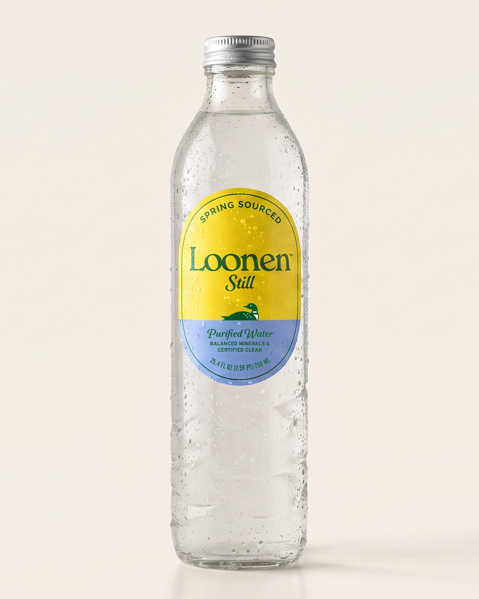 A clear glass bottle of Loonen Still spring-sourced purified water with a yellow and blue label, shown on a solid light beige background.
